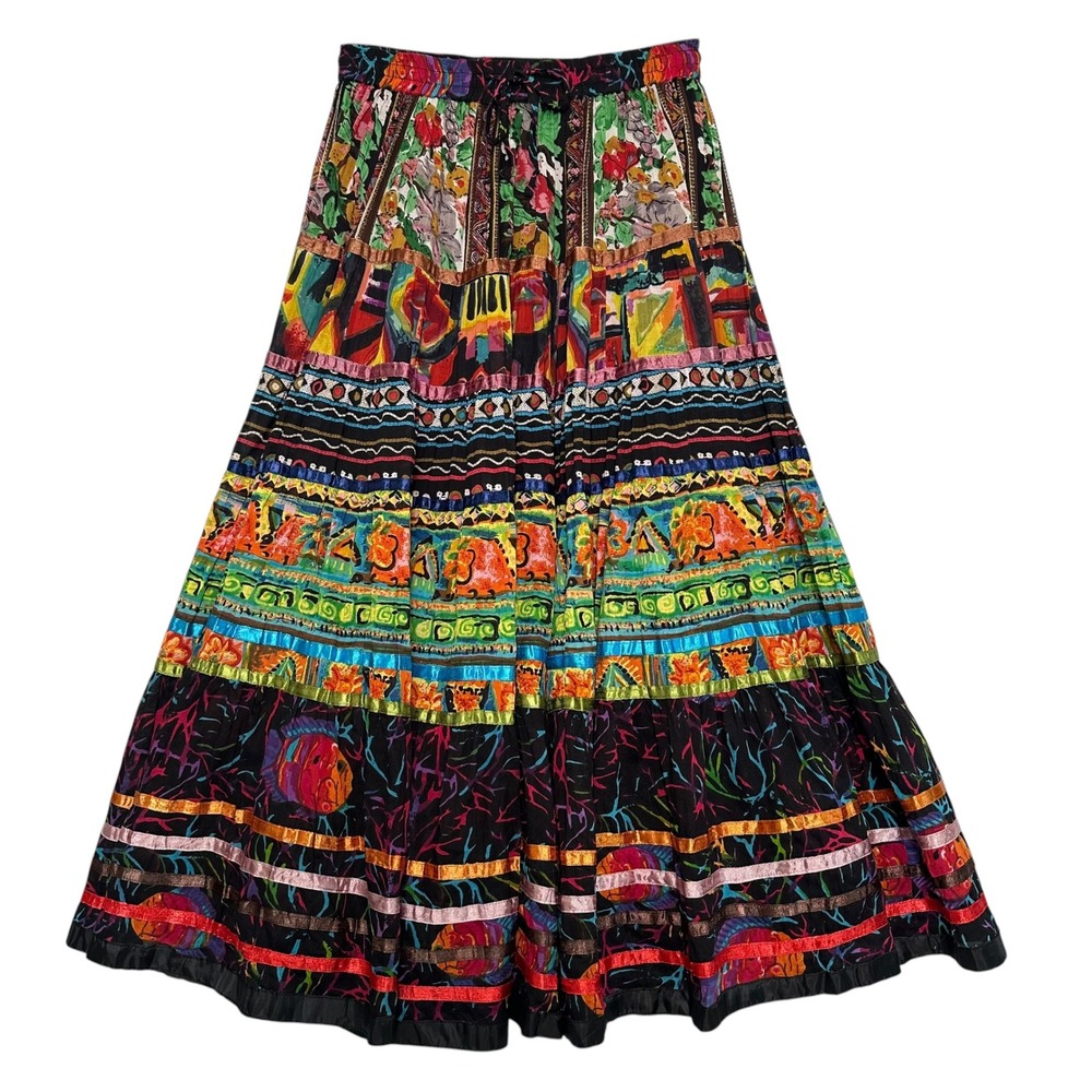 TravelSmith Maxi Skirt‎ Tiered Ribbon Trim Floral Fish Print Multi M Boho Gypsy